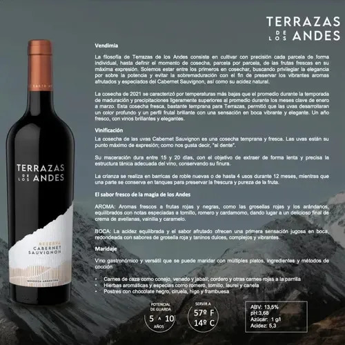 VINO TERRAZAS DE LOS ANDES RESERVA CABERNET SAUVIGNON 750ML