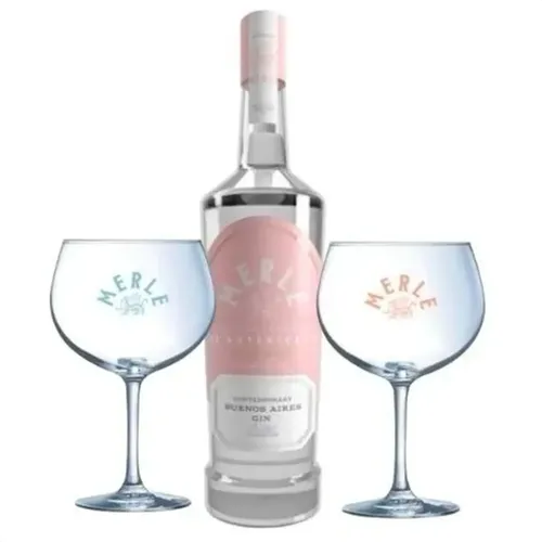 COMBO MERLE GIN 750ML + COPA LOGO ROSA + COPA LOGO CELESTE