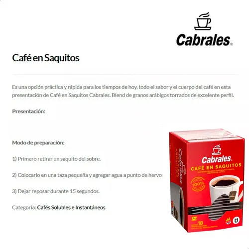 CAFE EN SAQUITOS CABRALES X18 SAQUITOS 5G