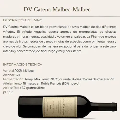 VINO DV CATENA MALBEC - MALBEC 750ML