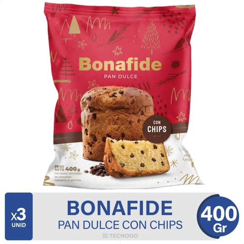 PACK X3 PAN DULCE BONAFIDE CON CHIPS DE CHOCOLATE 400G