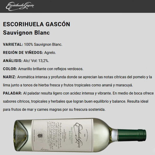 PACK X3 VINO ESCORIHUELA GASCON SAUVIGNON BLANC 750ML