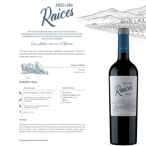PACK X12 VINO ANDELUNA RAICES MALBEC 750ML
