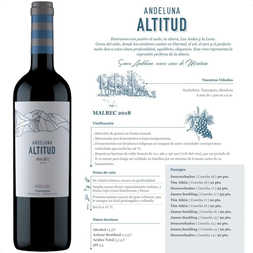 PACK X12 VINO ANDELUNA ALTITUD TINTO MALBEC 750ML
