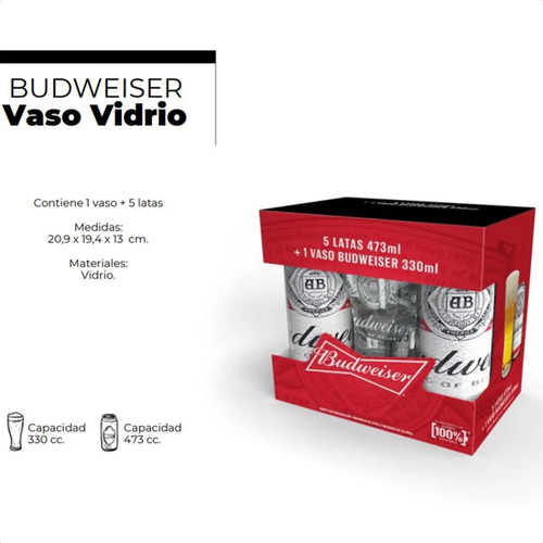 COMBO BUDWEISER VASO 330ML  + 5 LATAS 475ML