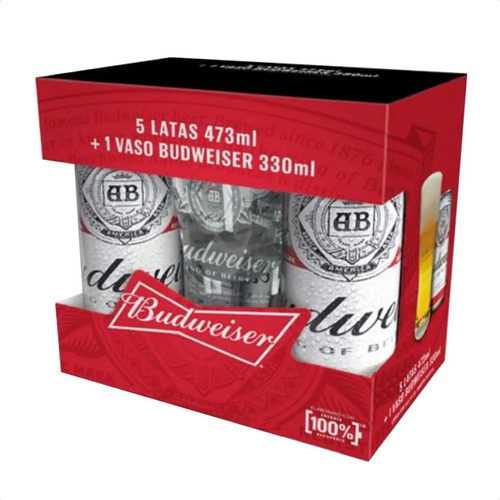 COMBO BUDWEISER VASO 330ML  + 5 LATAS 475ML