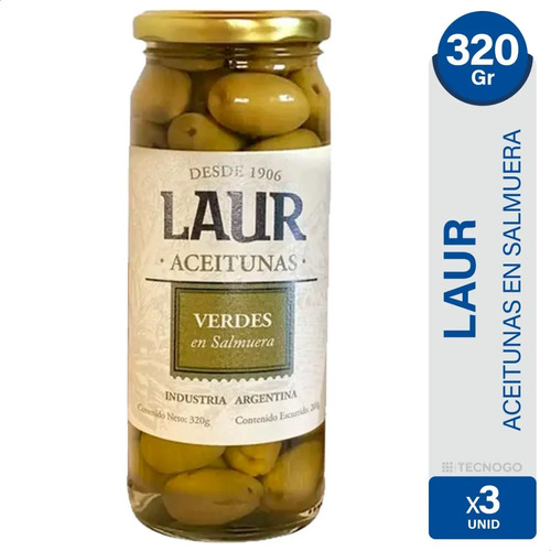 PACK X3 ACEITUNAS VERDES LAUR EN SALMUERA 320G