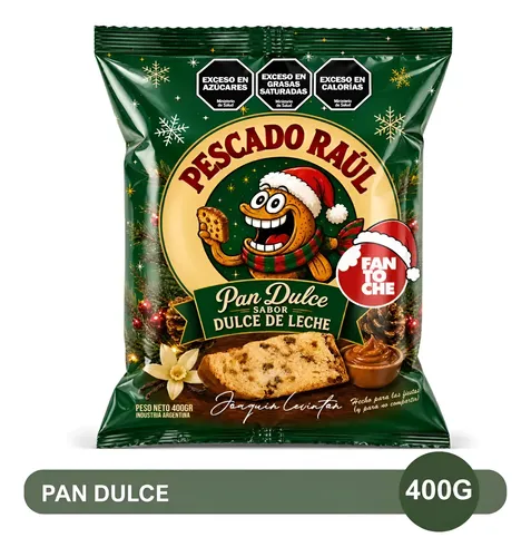 PAN DULCE FANTOCHE PESCADO RAUL CON CHIPS SABOR DULCE DE LECHE 400G BOX X3